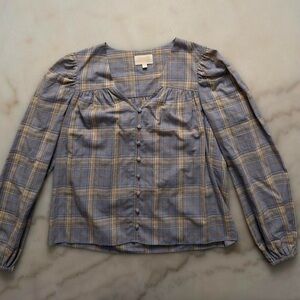 Mason's Daughter Blue Plaid Square Neck Cottagecore Blouse Top